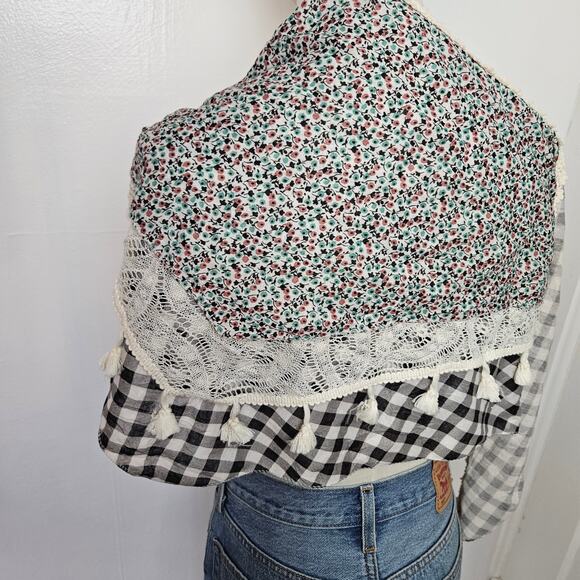 Pimkie Boho Layered Scarf Shawl Wrap Black Ivory Floral Check Tassel - Picture 3 of 12